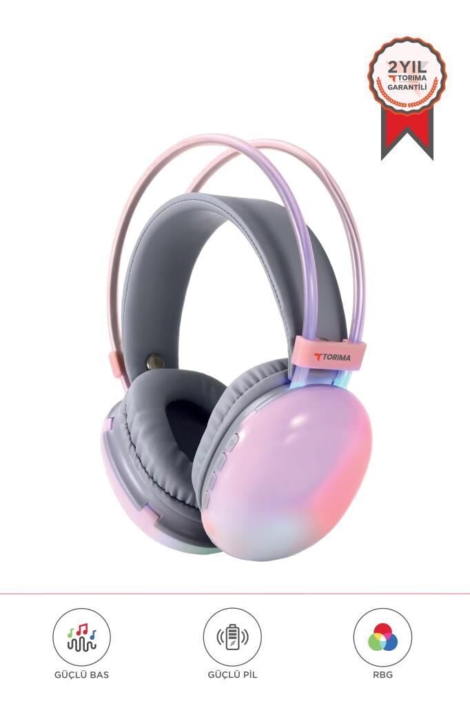 Torima HD-40 Pembe Kablosuz RGB Işıklı Kulak Üstü Bluetooth Kulaklık