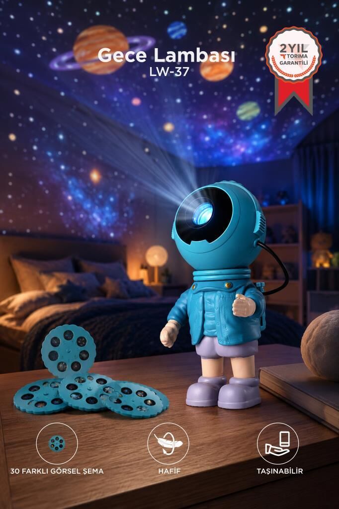 Astronot Projektör Star Gökyüzü Kumandalı Aydınlatma Gece Lambası LW37 Mavi