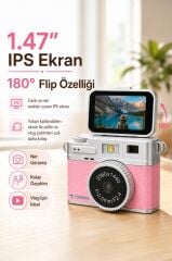 Mini Dijital Kamera 2K Flip Ekranlı Selfie Video Vlog Kamerası CMR49 Pembe