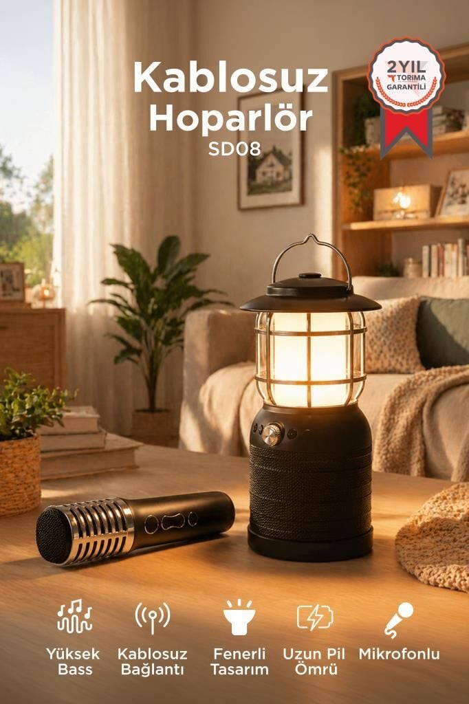 Bluetooth Hoparlör Mikrofonlu Nostaljik Fener Tasarımlı Speaker SD08 Siyah