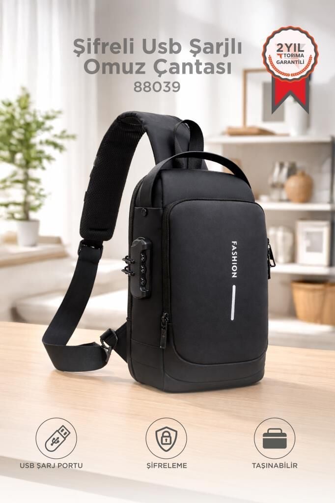 Omuz Çantası Şifreli Usb Şarjlı Günlük Çanta 88039 Siyah