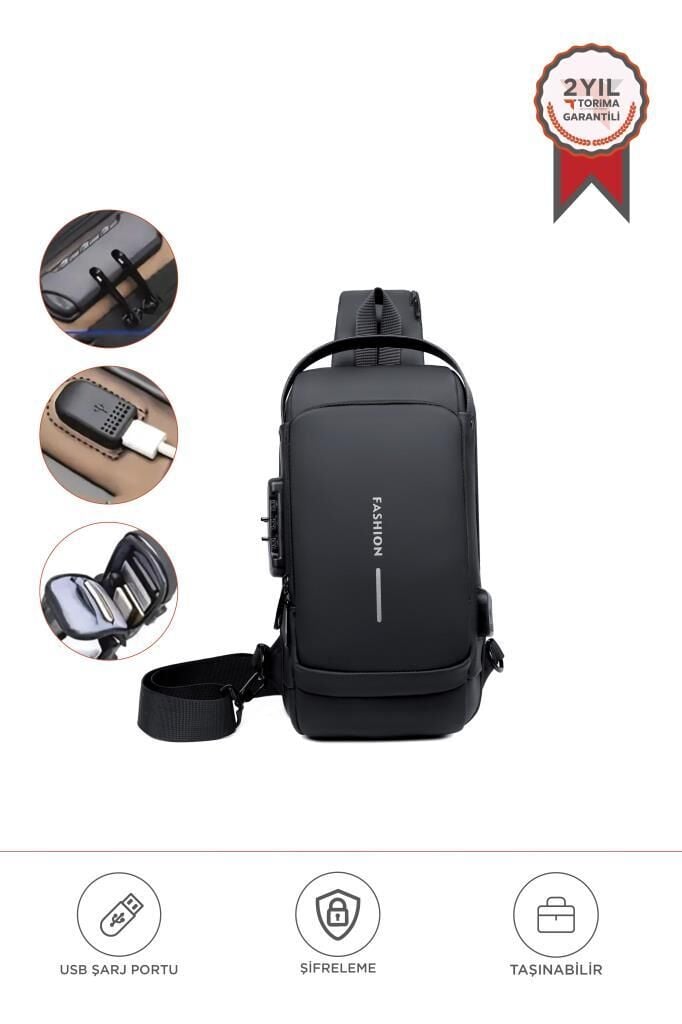 Omuz Çantası Şifreli Usb Şarjlı Günlük Çanta 88039 Siyah