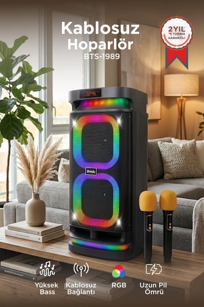 Bluetooth Hoparlör Karaoke Mikrofonlu Rgb Işıklı Speaker BTS1989 Siyah
