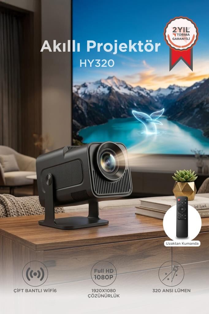 Projeksiyon Cihazı Taşınabilir Ev Sinema 4K 1080P Android Akıllı Projektör HY320 Siyah