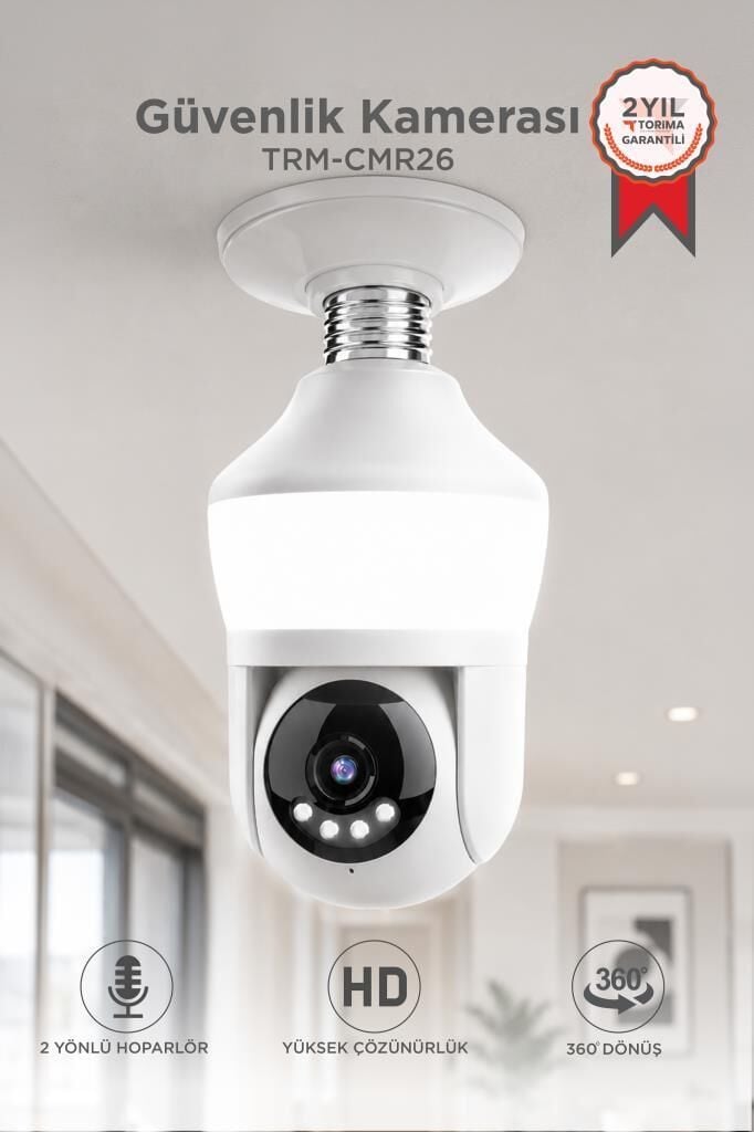 Güvenlik Kamerası 360 Derece Dönebilen Wifi Ampül Full Hd Smart Ip Kamera CMR26 Beyaz