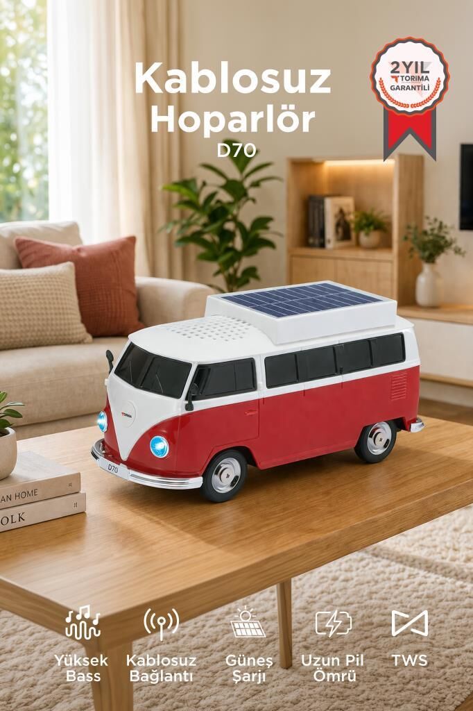Bluetooth Hoparlör Retro Araba Vosvos Tasarımlı Solar Şarjlı Speaker D70 Kırmızı