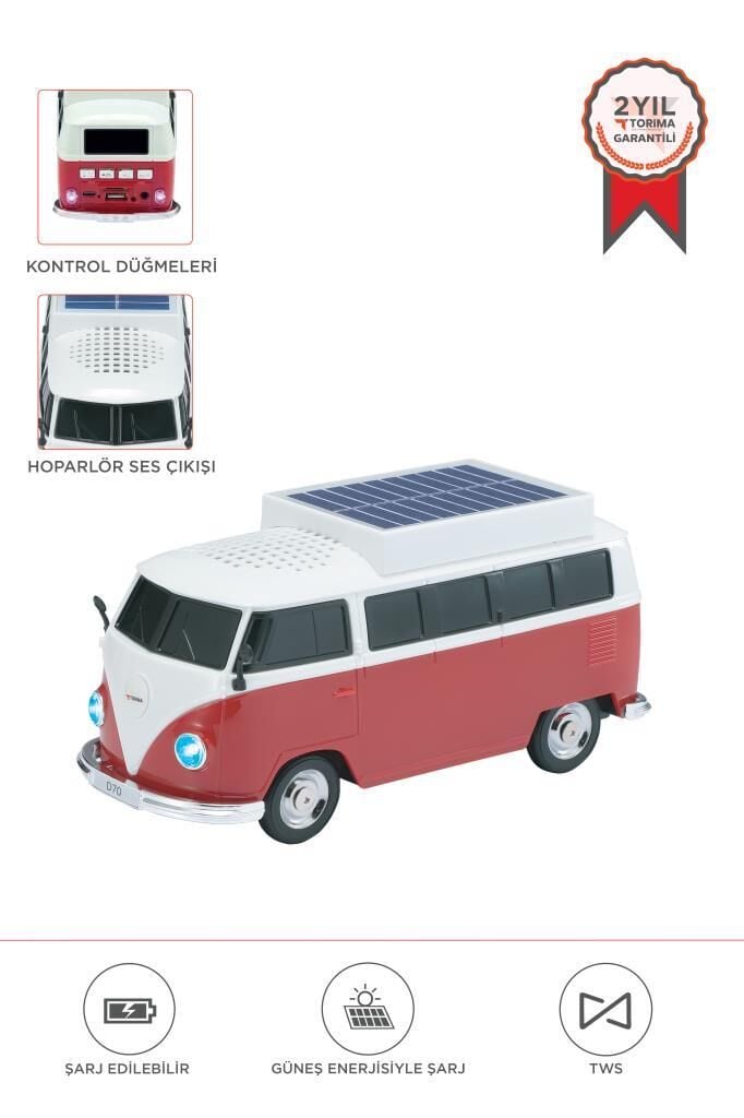 Bluetooth Hoparlör Retro Vosvos Tasarımlı Solar Şarjlı Speaker D70 Kırmızı