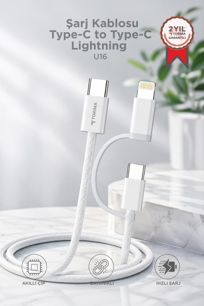 Şarj Kablosu Type-C to Type-C Lightning Hızlı 65W 2IN1 Data Kablo U16 Beyaz
