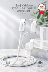 Torima Şarj Kablosu Type-C to Type-C Lightning Hızlı 65W 2IN1 Data Kablo U16 Beyaz