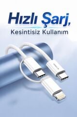 Şarj Kablosu Type-C to Type-C Lightning Hızlı 65W 2IN1 Data Kablo U16 Beyaz