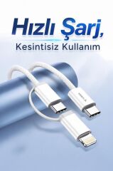 Torima Şarj Kablosu Type-C to Type-C Lightning Hızlı 65W 2IN1 Data Kablo U16 Beyaz