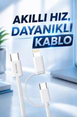 Şarj Kablosu Type-C to Type-C Lightning Hızlı 65W 2IN1 Data Kablo U16 Beyaz