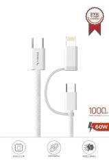 Şarj Kablosu Type-C to Type-C Lightning Hızlı 65W 2IN1 Data Kablo U16 Beyaz