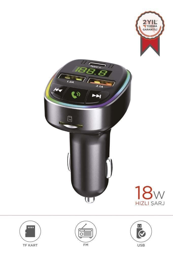 TORİMA G17 Siyah 18W Hızlı Şarjlı Bluetooth Transmitter Araç Şarj Cihazı – USB, TF Kart, FM, Mikrofon Destekli