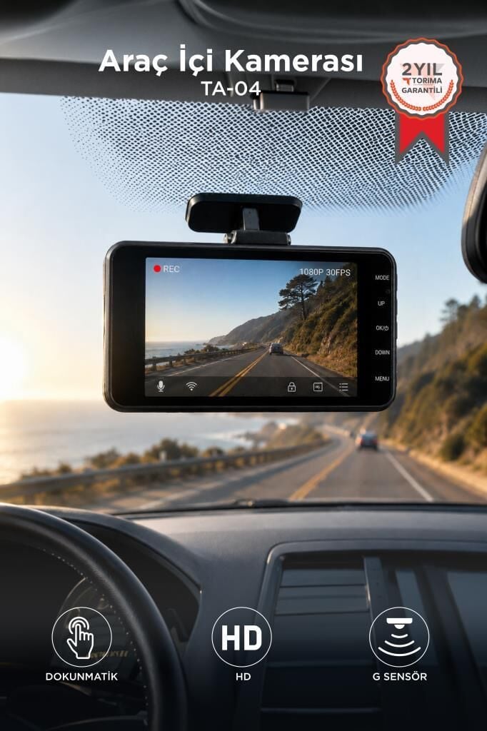 Araç İçi Kamera Gece Görüşlü Dokunmatik LCD Ekranlı 1080P Ön ve Arka Araç Kamerası TA04 Siyah