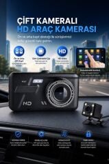 Araç İçi Kamera Gece Görüşlü Dokunmatik LCD Ekranlı 1080P Ön ve Arka Araç Kamerası TA04 Siyah