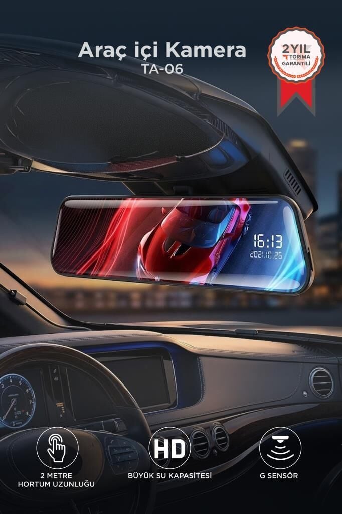 Araç İçi Kamera Gece Görüşlü LCD Ekranlı 1080P Ön ve Arka Dikiz Aynası TA06 Siyah