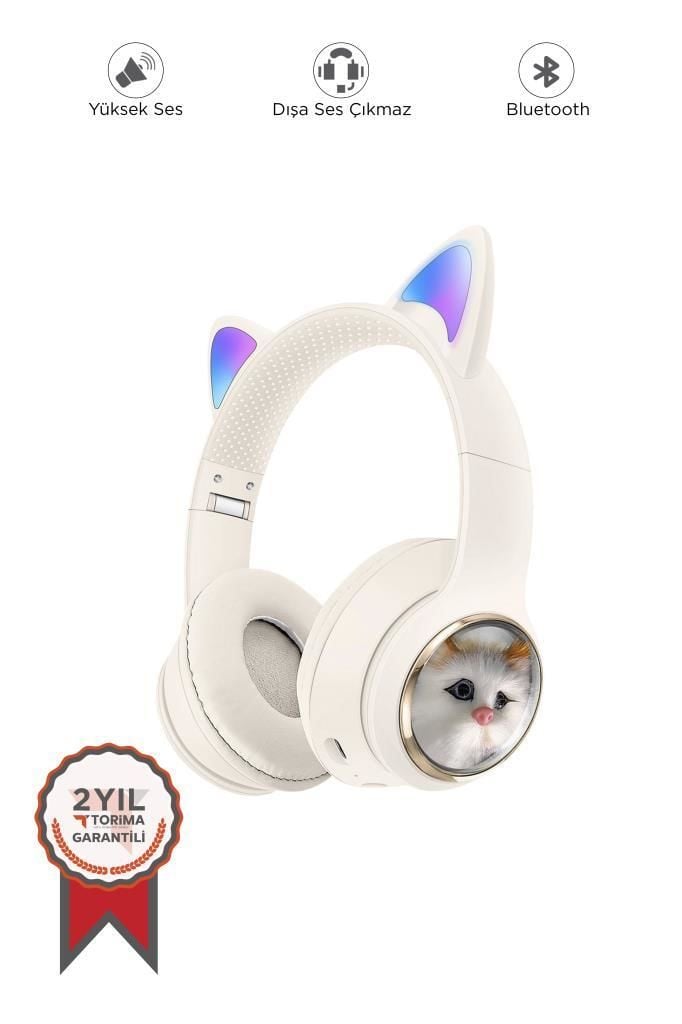 Torima HD11 Beyaz Sevimli Kedi Karikatür Kulak Led Işıklı 5.3 Bluetooth Kulak Üstü Kulaklık