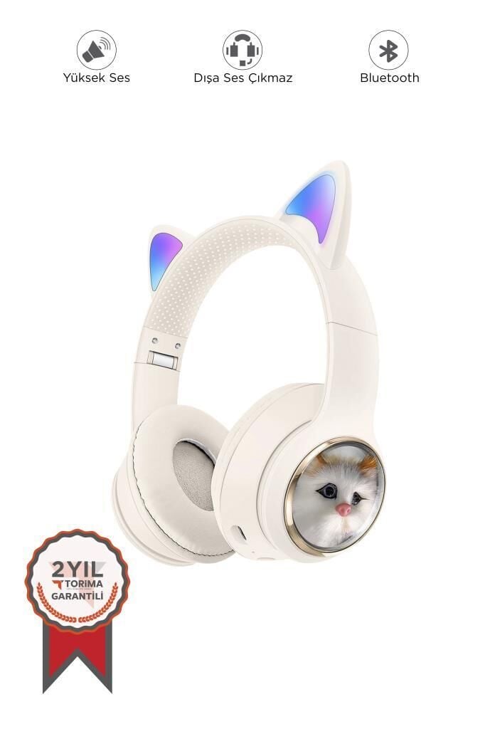 Torima HD11 Beyaz Sevimli Kedi Karikatür Kulak Led Işıklı 5.3 Bluetooth Kulak Üstü Kulaklık