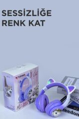 Torima HD11 Mor Sevimli Kedi Karikatür Kulak Led Işıklı 5.3 Bluetooth Kulak Üstü Kulaklık