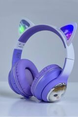 Torima HD11 Mor Sevimli Kedi Karikatür Kulak Led Işıklı 5.3 Bluetooth Kulak Üstü Kulaklık