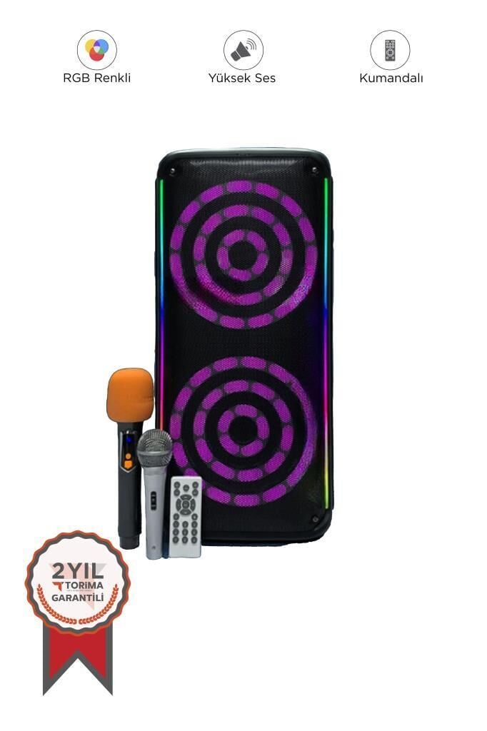 KTS-1912 Çift Mikrofonlu Kumandalı Rgb Ledli 5.0 Bluetooth Hoparlör Karaoke Usb-Tf-Fm Radyo Siyah