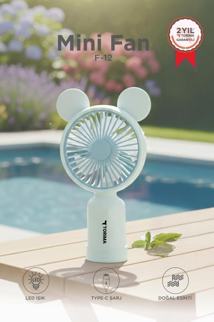 Şarjlı El Vantilatörü Ayıcık Kulaklı 2 Kademeli Işıklı Mini Fan F12 Mavi