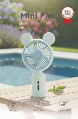 Şarjlı El Vantilatörü Ayıcık Kulaklı 2 Kademeli Işıklı Mini Fan F12 Mavi