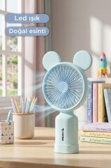 Şarjlı El Vantilatörü Ayıcık Kulaklı 2 Kademeli Işıklı Mini Fan F12 Mavi