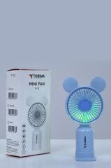 Torima F-12 Mavi Mini Taşınabilir Fan Şarjlı 2 Kademeli Ledli Ayıcık Kulak Vantilatör Klima Soğutucu Fan