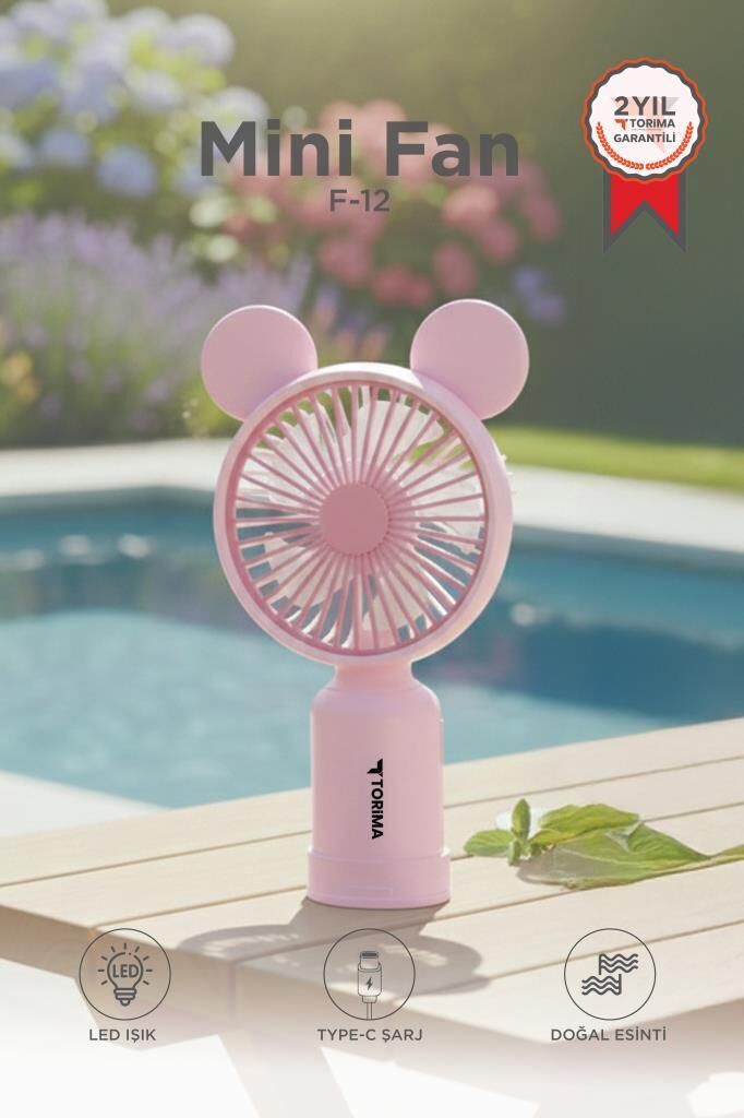 Şarjlı El Vantilatörü Ayıcık Kulaklı 2 Kademeli Işıklı Mini Fan F12 Pembe