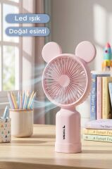 Şarjlı El Vantilatörü Ayıcık Kulaklı 2 Kademeli Işıklı Mini Fan F12 Pembe