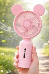 Şarjlı El Vantilatörü Ayıcık Kulaklı 2 Kademeli Işıklı Mini Fan F12 Pembe