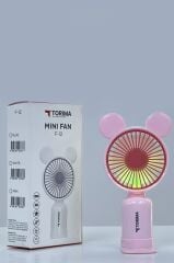 Torima F-12 Pembe Mini Taşınabilir Fan Şarjlı 2 Kademeli Ledli Ayıcık Kulak Vantilatör Klima Soğutucu Fan