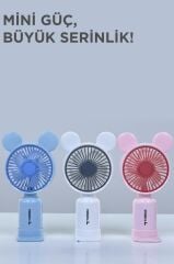 Torima F-12 Pembe Mini Taşınabilir Fan Şarjlı 2 Kademeli Ledli Ayıcık Kulak Vantilatör Klima Soğutucu Fan