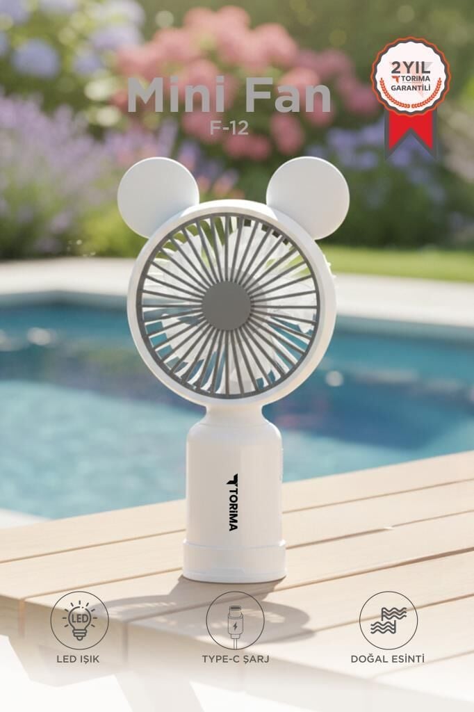 Şarjlı El Vantilatörü Ayıcık Kulaklı 2 Kademeli Işıklı Mini Fan F12 Beyaz