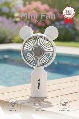 Şarjlı El Vantilatörü Ayıcık Kulaklı 2 Kademeli Işıklı Mini Fan F12 Beyaz