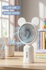 Şarjlı El Vantilatörü Ayıcık Kulaklı 2 Kademeli Işıklı Mini Fan F12 Beyaz