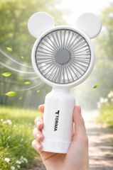 Şarjlı El Vantilatörü Ayıcık Kulaklı 2 Kademeli Işıklı Mini Fan F12 Beyaz