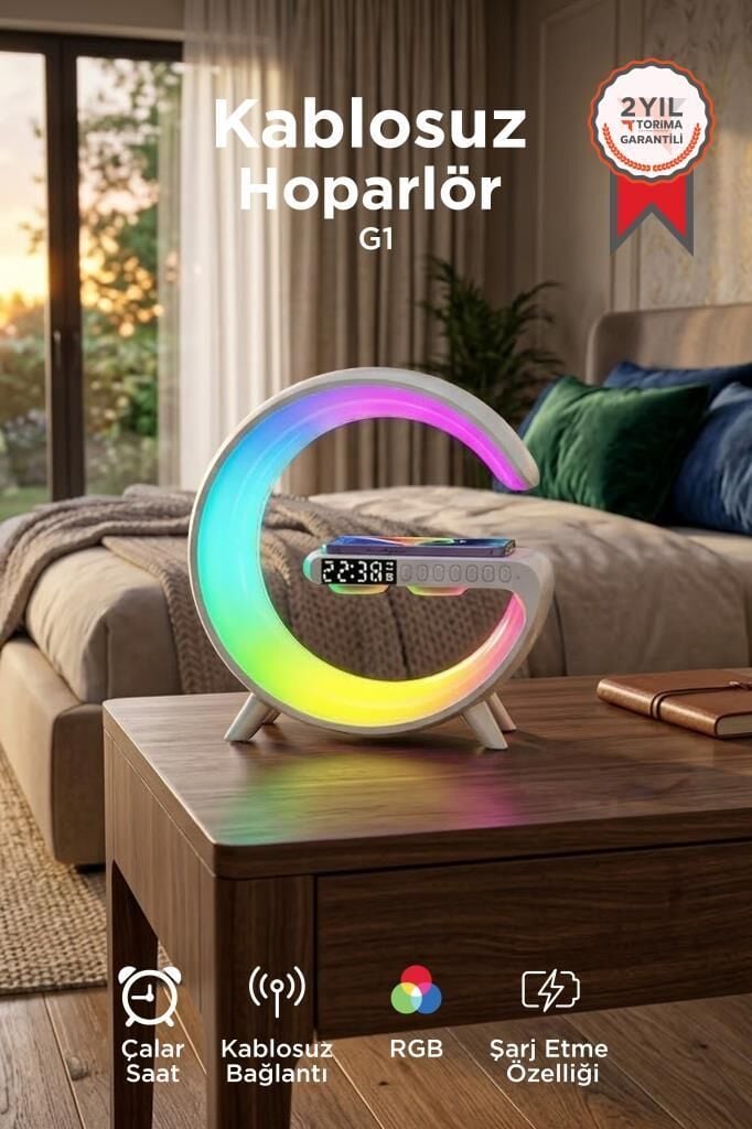 Bluetooth Hoparlör Kablosuz Şarjlı Saat Masa Lambası 3in1 G1 Beyaz
