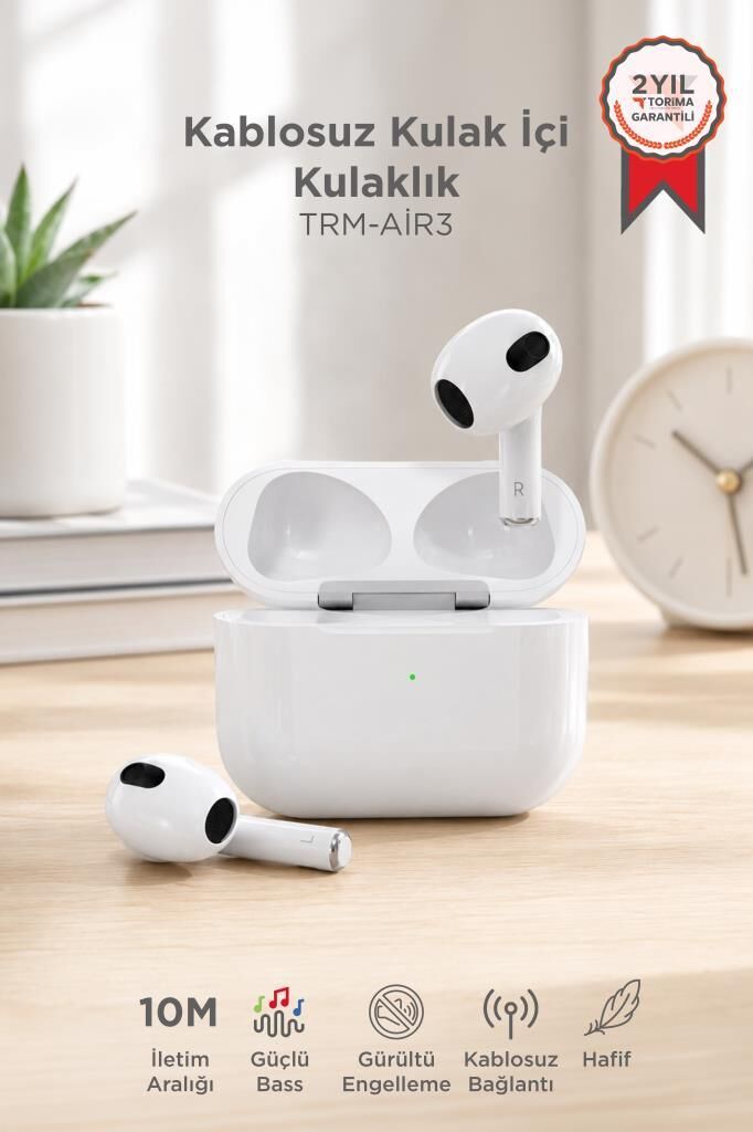 3.Nesil IOS VE ANDROID UYUMLU Silikonsuz Kılıf Hediyeli Bluetooth Kulaklık Trm-Air3