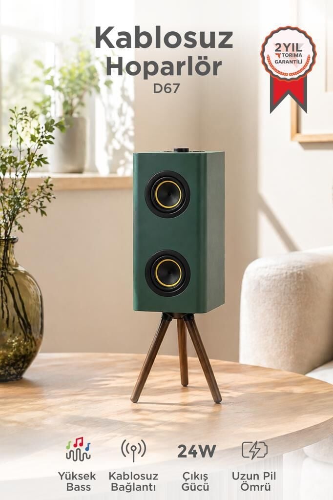 Kablosuz Hoparlör 24W 3000mAh Taşınabilir Ayaklı Speaker D67 Yeşil