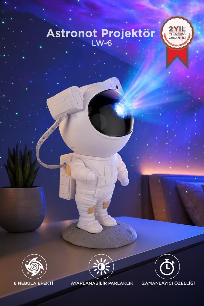 Astronot Projektör Led Galaksi Uzaktan Zamanlayıcı Kumandalı Gece Lambası LW6 Beyaz
