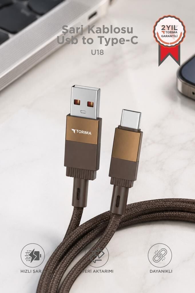 Şarj Kablosu Usb to Type-C Data Kablo U18 Kahverengi