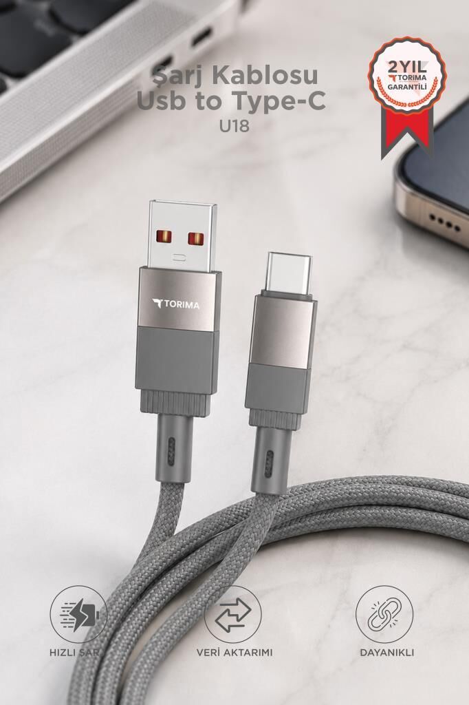 Torima Şarj Kablosu Usb to Type-C Data Kablo U18 Gri