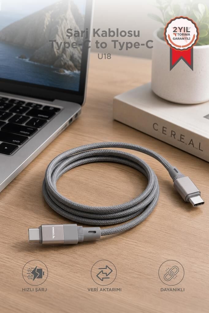 Şarj Kablosu Type-C to Type-C Data Kablo U18 Gri