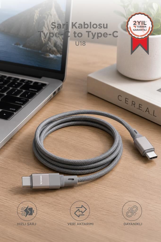 Şarj Kablosu Type-C to Type-C Data Kablo U18 Gri