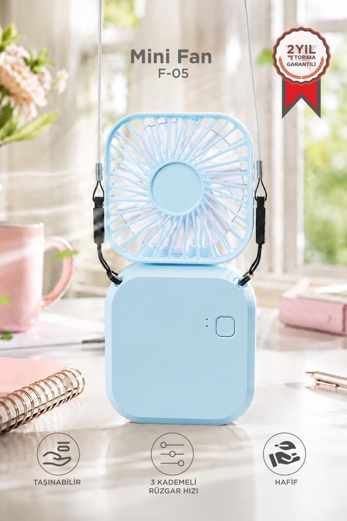 Torima F-05 Mini Fan Tutmalı Şarjlı 3 Kademeli Vantilatör Klima Soğutucu Fan Mavi