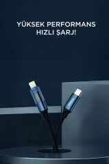 Torima U22 Siyah Type-C to Lightning 27W Hızlı Şarj Kablosu LED Ekranlı Dayanıklı Örgü Kablo