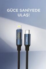 Torima U22 Siyah Type-C to Lightning 27W Hızlı Şarj Kablosu LED Ekranlı Dayanıklı Örgü Kablo